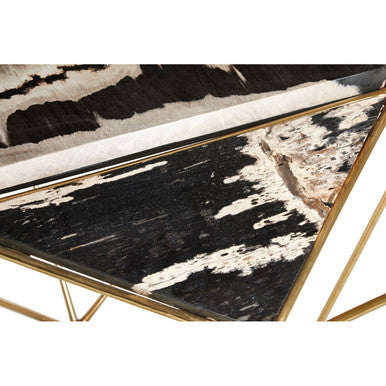 Dark Petrified Wood Top Rectangular Side Table With Gold Brass Tone Iron Base, Relic