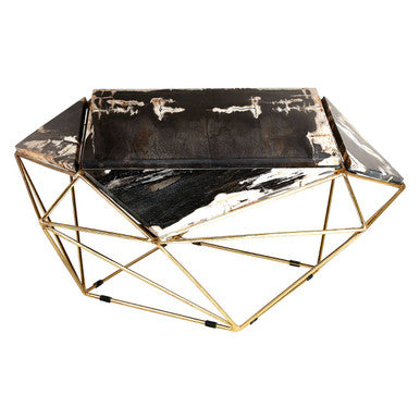 Rustic Dark Petrified Wood Coffee Table With Gold Brass Geometric Frame, Relic