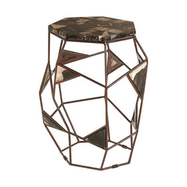 Dark Petrified Wood Top Side Table With Brass Geometric Frame, Relic