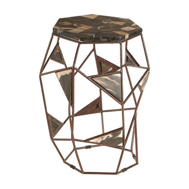 Dark Petrified Wood Top Side Table With Brass Geometric Frame, Relic