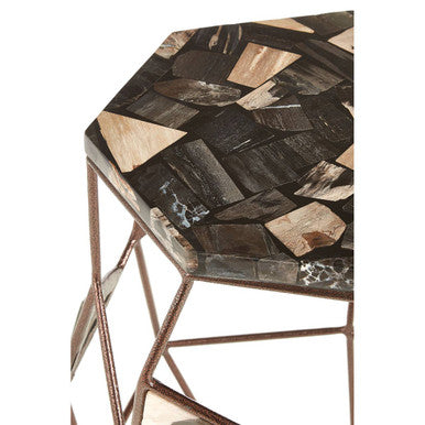 Dark Petrified Wood Top Side Table With Brass Geometric Frame, Relic