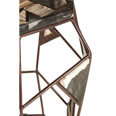 Dark Petrified Wood Top Side Table With Brass Geometric Frame, Relic