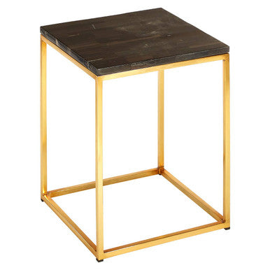 Black Petrified Wood Top Square Side Table With Gold Warm Brass Iron Base, Relic