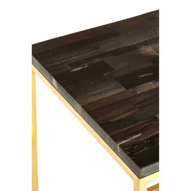 Black Petrified Wood Top Square Side Table With Gold Warm Brass Iron Base, Relic