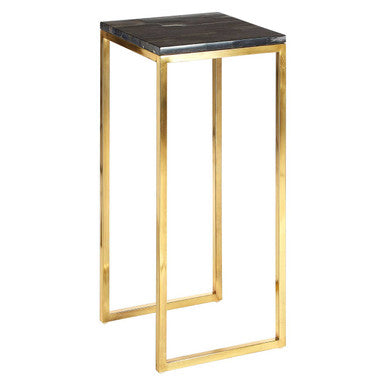 Black Petrified Wood Top Square Pedestal Side Table With Gold Warm Brass Iron Base, Relic