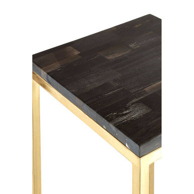 Black Petrified Wood Top Square Pedestal Side Table With Gold Warm Brass Iron Base, Relic