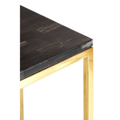 Black Petrified Wood Top Square Pedestal Side Table With Gold Warm Brass Iron Base, Relic