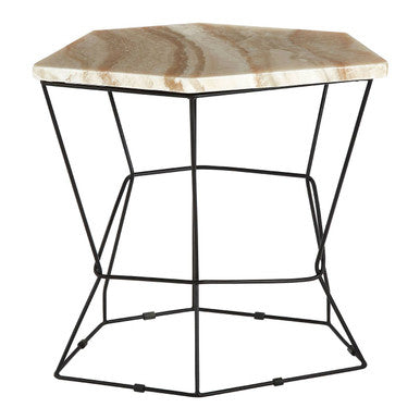Patterned Natural Onyx Stone Top Side Table With Black Wireframe Base, Relic