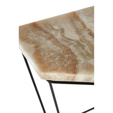 Patterned Natural Onyx Stone Top Side Table With Black Wireframe Base, Relic