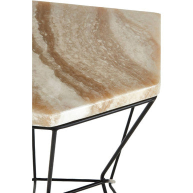 Patterned Natural Onyx Stone Top Side Table With Black Wireframe Base, Relic