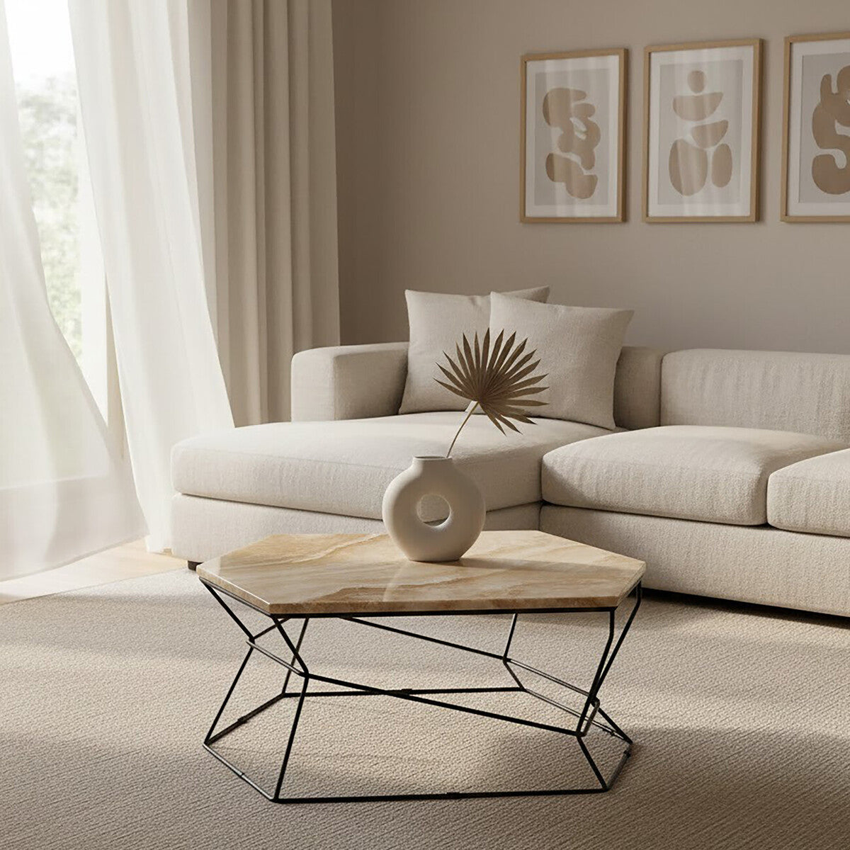 Natural Onyx Stone Top Coffee Table With Black Wireframe Base, Relic
