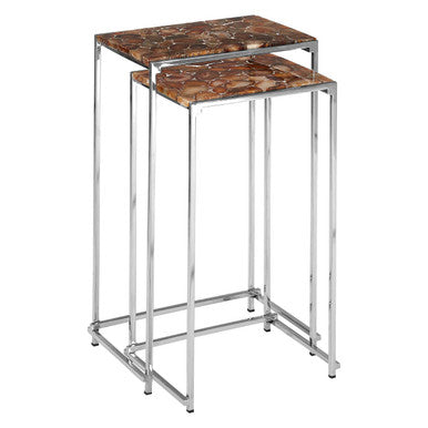 Nest Of 2 Side Tables With Natural Agate Onyx Stone Tops & Black Iron Geometric Base, Relic