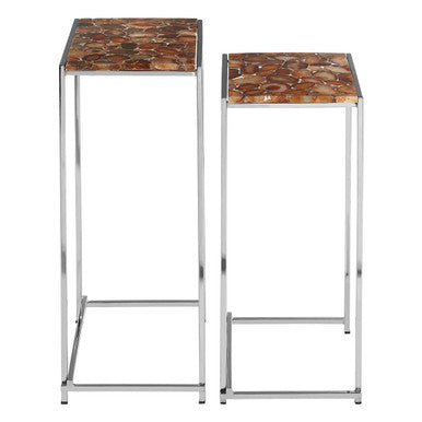 Nest Of 2 Side Tables With Natural Agate Onyx Stone Tops & Black Iron Geometric Base, Relic
