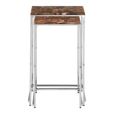 Nest Of 2 Side Tables With Natural Agate Onyx Stone Tops & Black Iron Geometric Base, Relic