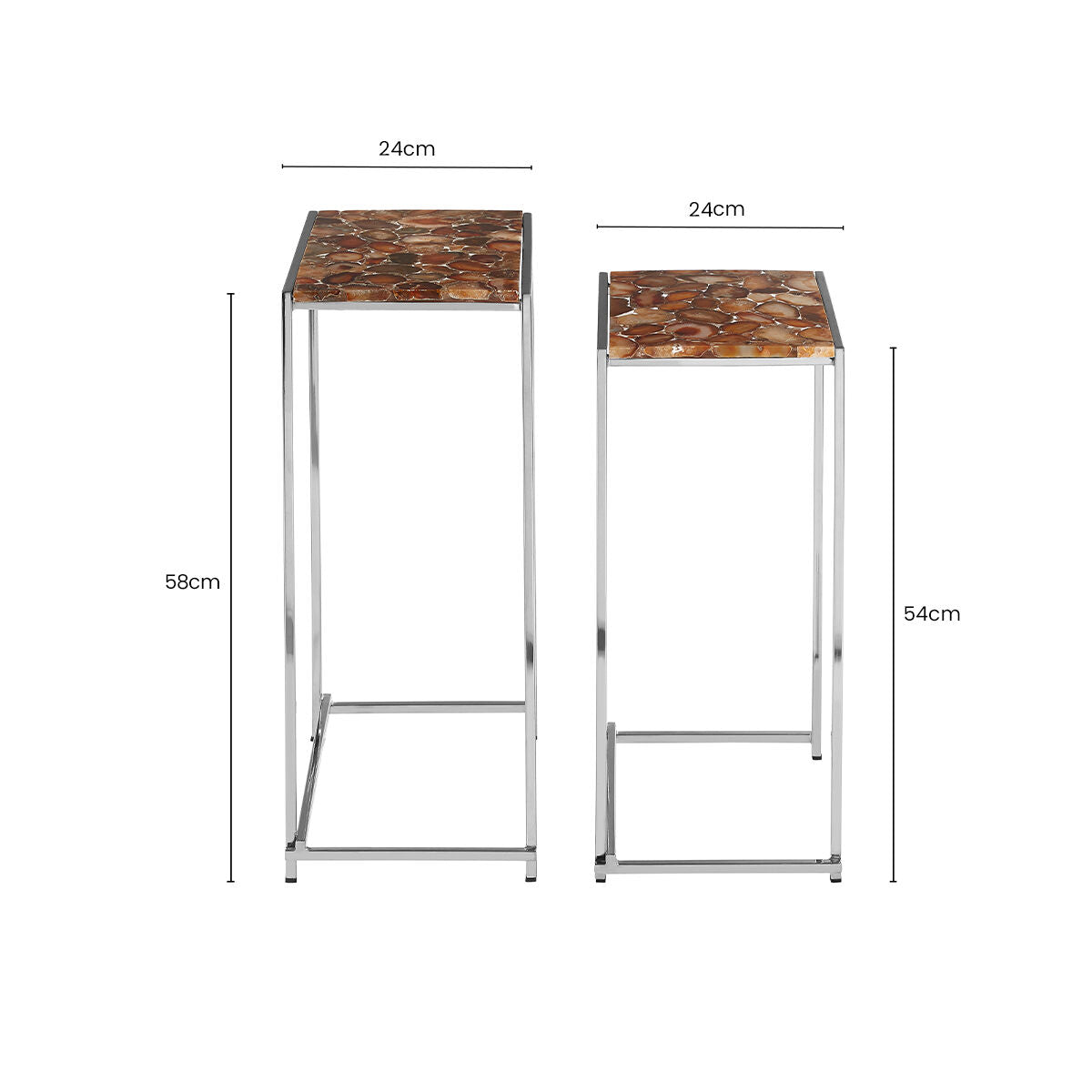 Nest Of 2 Side Tables With Natural Agate Onyx Stone Tops & Black Iron Geometric Base, Relic