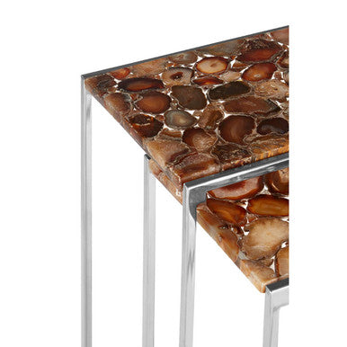 Nest Of 2 Side Tables With Natural Agate Onyx Stone Tops & Black Iron Geometric Base, Relic