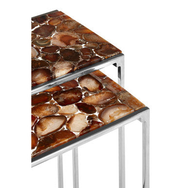 Nest Of 2 Side Tables With Natural Agate Onyx Stone Tops & Black Iron Geometric Base, Relic