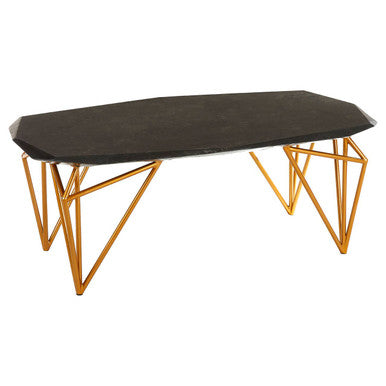 Black Marble Top Coffee Table With Gold Iron Legs, Relic