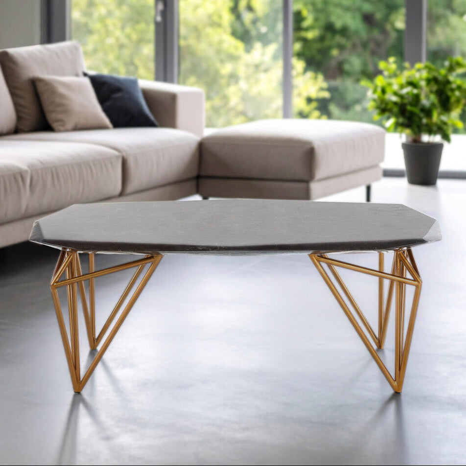 Black Marble Top Coffee Table With Gold Iron Legs, Relic