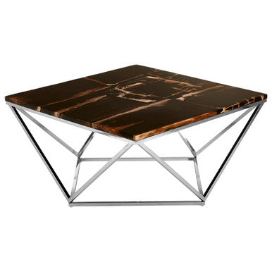 Dark Petrified Wood Top Coffee Table With Prominent Graining & Silver Stainless Steel Frame, Relic
