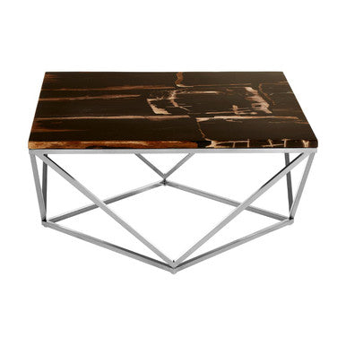 Dark Petrified Wood Top Coffee Table With Prominent Graining & Silver Stainless Steel Frame, Relic