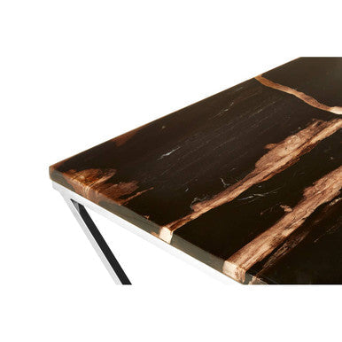 Dark Petrified Wood Top Coffee Table With Prominent Graining & Silver Stainless Steel Frame, Relic