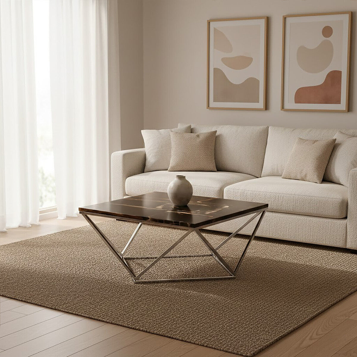 Dark Petrified Wood Top Coffee Table With Prominent Graining & Silver Stainless Steel Frame, Relic