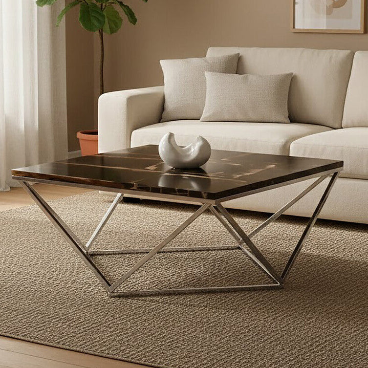Dark Petrified Wood Top Coffee Table With Prominent Graining & Silver Stainless Steel Frame, Relic