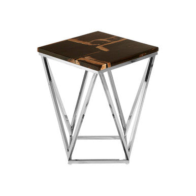 Dark Petrified Wood Side Table With Rustic Grained Top & Silver Stainless Steel Frame, Relic