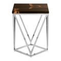 Dark Petrified Wood Side Table With Rustic Grained Top & Silver Stainless Steel Frame, Relic