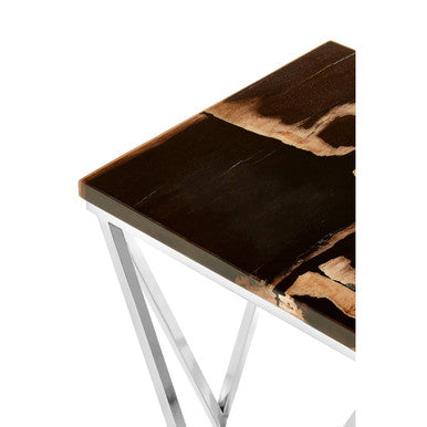 Dark Petrified Wood Side Table With Rustic Grained Top & Silver Stainless Steel Frame, Relic