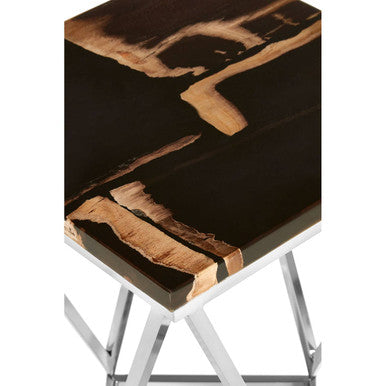 Dark Petrified Wood Side Table With Rustic Grained Top & Silver Stainless Steel Frame, Relic