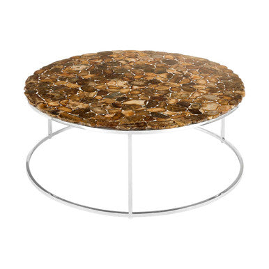Natural Agate Top Round Coffee Table With Reflective Stainless Steel Base, Relic