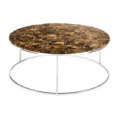 Natural Agate Top Round Coffee Table With Reflective Stainless Steel Base, Relic