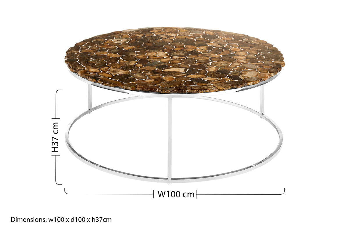 Natural Agate Top Round Coffee Table With Reflective Stainless Steel Base, Relic