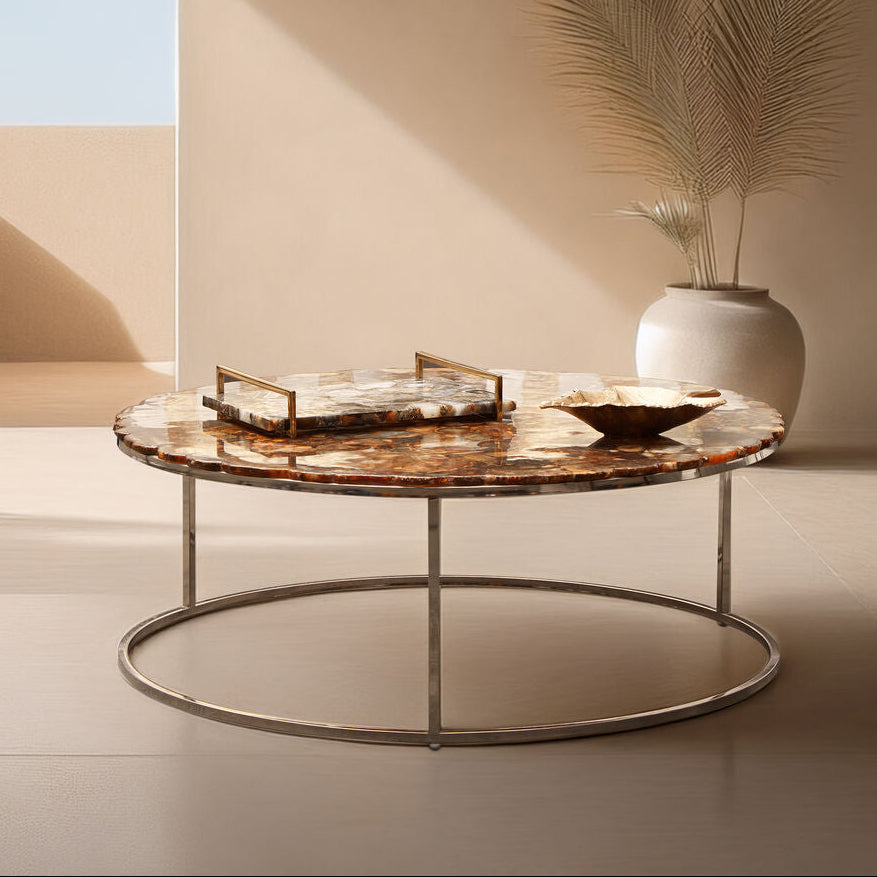 Natural Agate Top Round Coffee Table With Reflective Stainless Steel Base, Relic