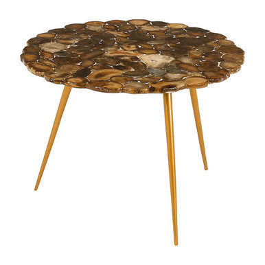 Natural Agate Stone Top Low Side Table With Gold Brass Tone Iron Legs, Relic