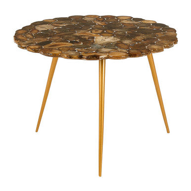 Natural Agate Stone Top Low Side Table With Gold Brass Tone Iron Legs, Relic