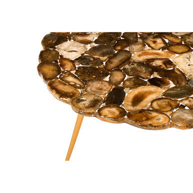 Natural Agate Stone Top Low Side Table With Gold Brass Tone Iron Legs, Relic