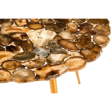 Natural Agate Stone Top Low Side Table With Gold Brass Tone Iron Legs, Relic