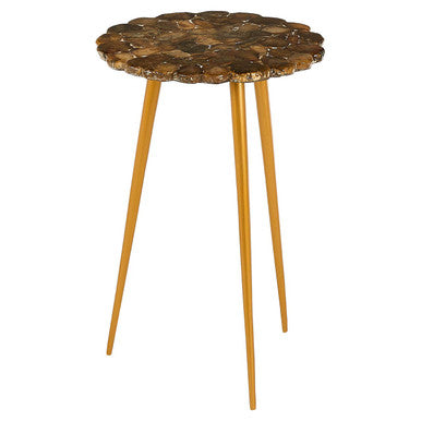 Natural Boho Patterned Agate Top Round Side Table Brass Legs, Relic