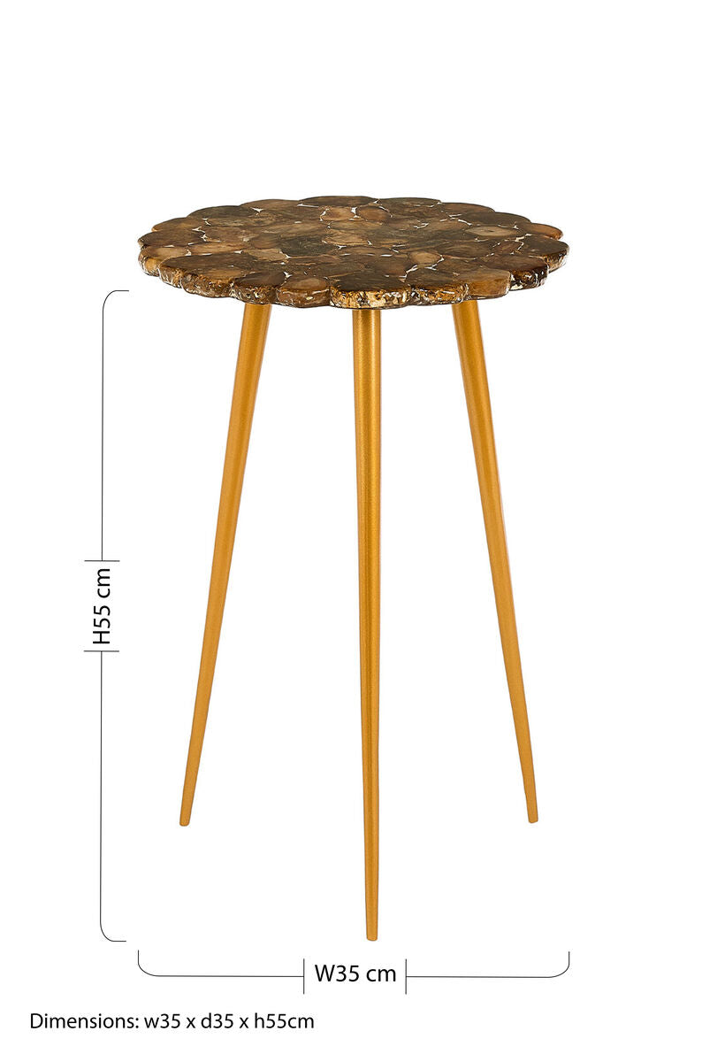 Natural Boho Patterned Agate Top Round Side Table Brass Legs, Relic