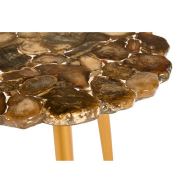 Natural Boho Patterned Agate Top Round Side Table Brass Legs, Relic