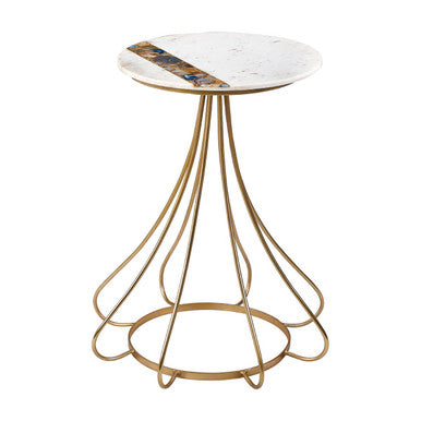 White Marble & Semi-Precious Agate Side Table With Gold Brass Legs, Vizzini