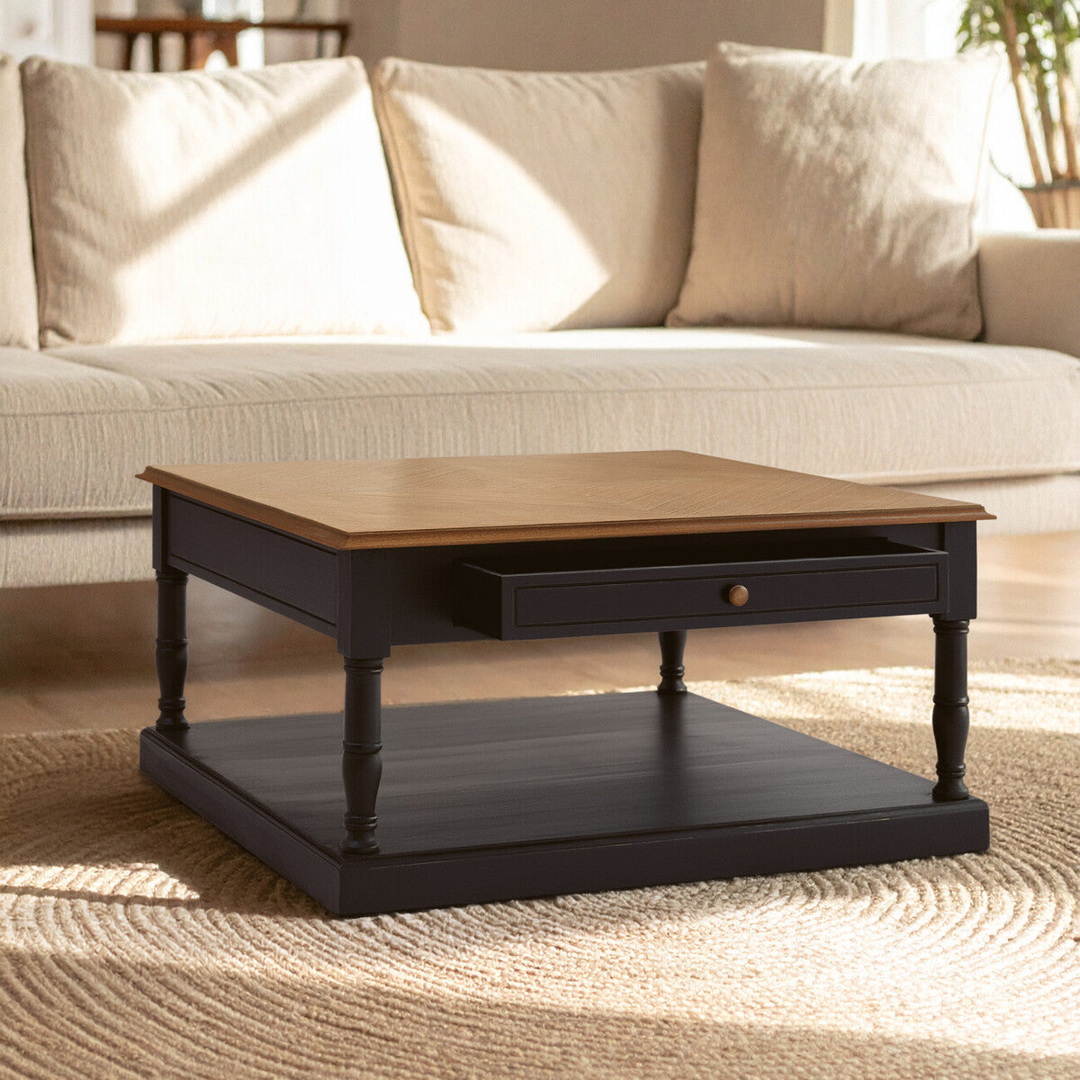 Black & Natural Wooden Coffee Table With 1 Slim Storage Drawer, Loire