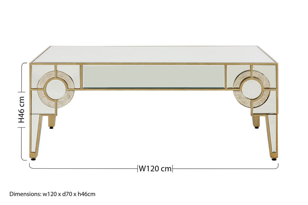 Antique Motif Mirrored Glass Coffee Table With Natural Gold Tone Border, Knightsbridge
