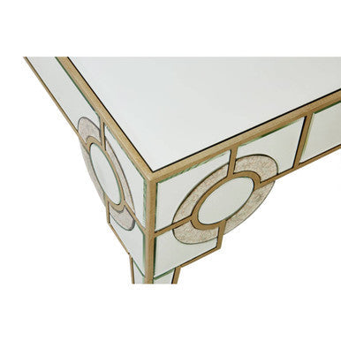 Antique Motif Mirrored Glass Coffee Table With Natural Gold Tone Border, Knightsbridge