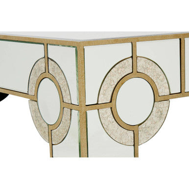 Antique Motif Mirrored Glass Coffee Table With Natural Gold Tone Border, Knightsbridge