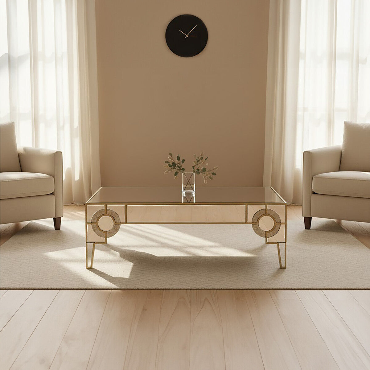 Antique Motif Mirrored Glass Coffee Table With Natural Gold Tone Border, Knightsbridge