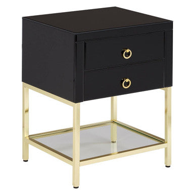 Gloss Black Wooden Cabinet Side Table With 2 Drawers & Gold Metal Frame, Kensington Townhouse